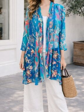 Multiples Embroidered Mesh Kimono Cardigan Blue Boho Johnny Was Style M
